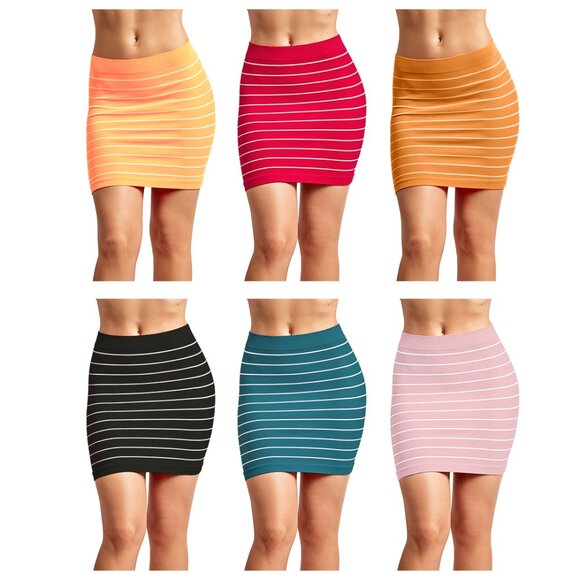 Women's Striped Comfy Seamless Microfiber Slim Nylon Pull-On Closure Mini Skirts - Picture 8 of 13